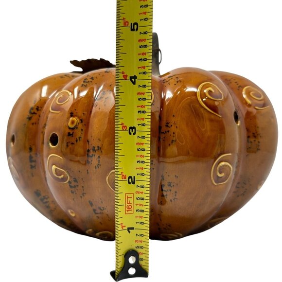 Glass Pumpkin Decorative Fall Halloween Art Swirls Metal Stem Leaves 6 x 5 - Picture 8 of 8